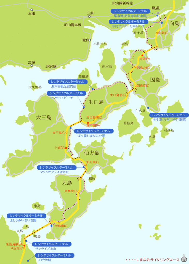 広島県のしまなみ海堂のサイクリングマップ